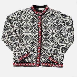 LL Bean Vintage Women's Nordic Sweater Cardigan Snowflake Fair Isle Cotton